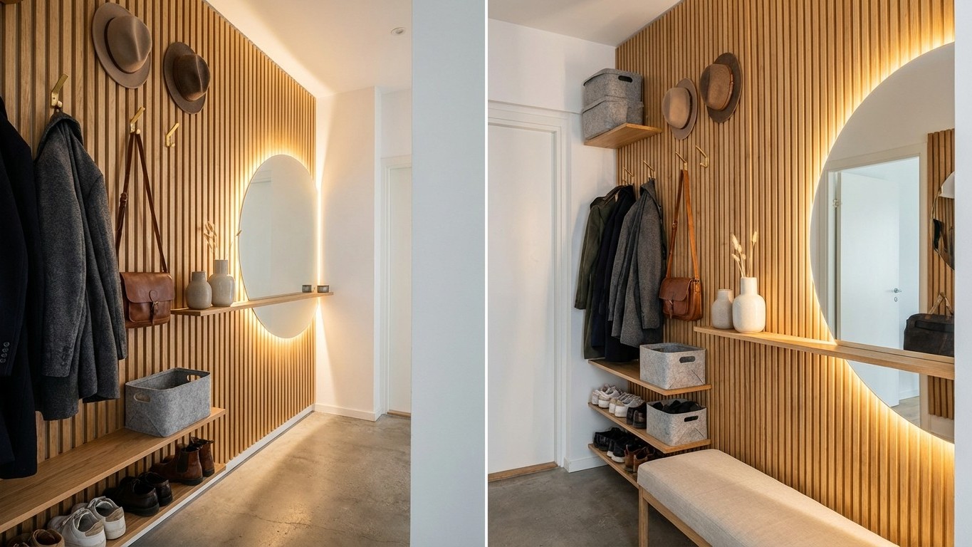 J'ai récupéré des tasseaux à 12 € et mon entrée étroite a enfin trouvé son rangement parfait