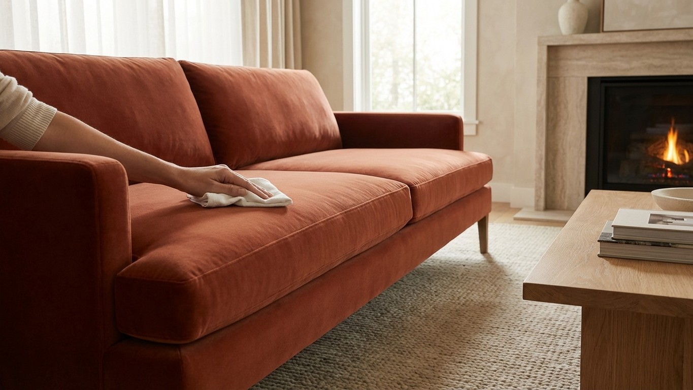 Arrêtez de frotter votre canapé en velours : cette méthode douce évite toutes les traces