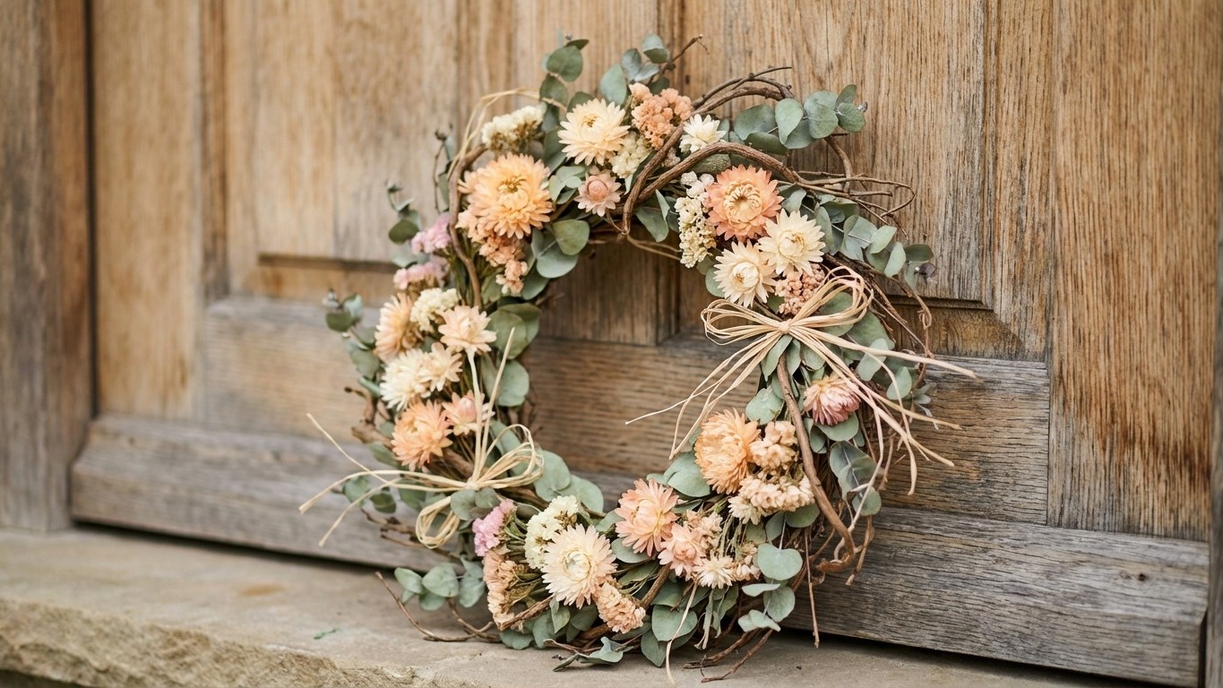 Couronnes de porte pour le printemps : composer avec fleurs séchées et branchages