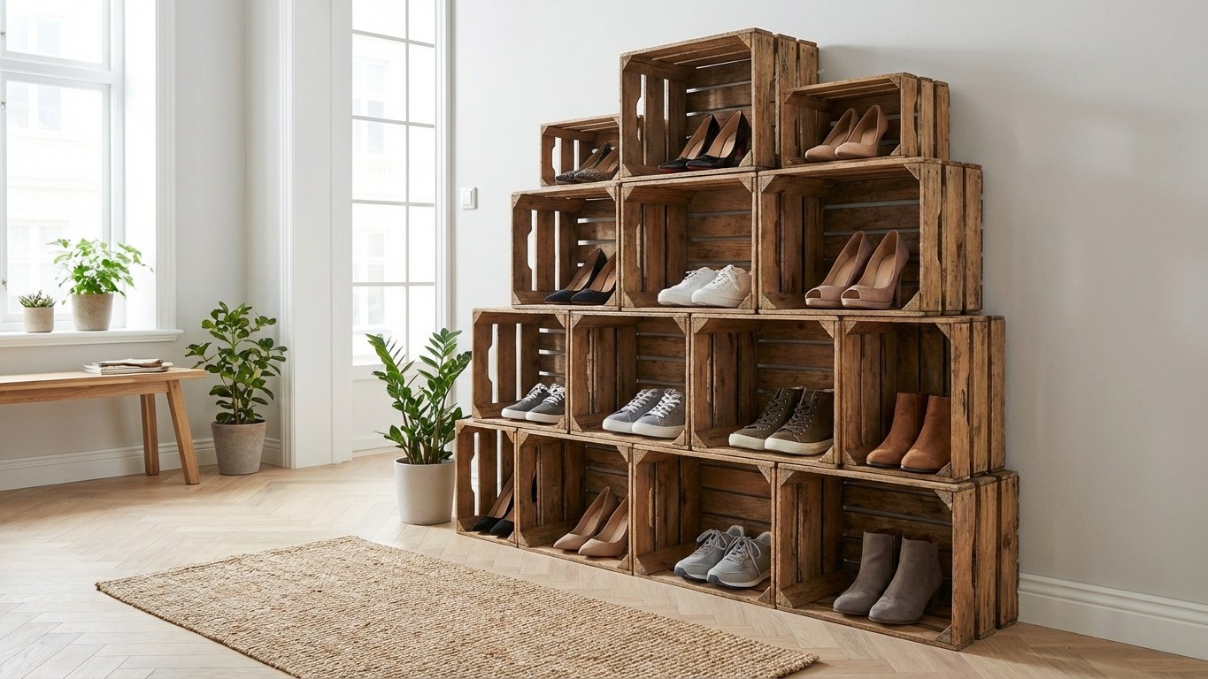 J'ai empilé ces caisses récupérées dans l'entrée : mes 20 paires de chaussures ont enfin trouvé leur place