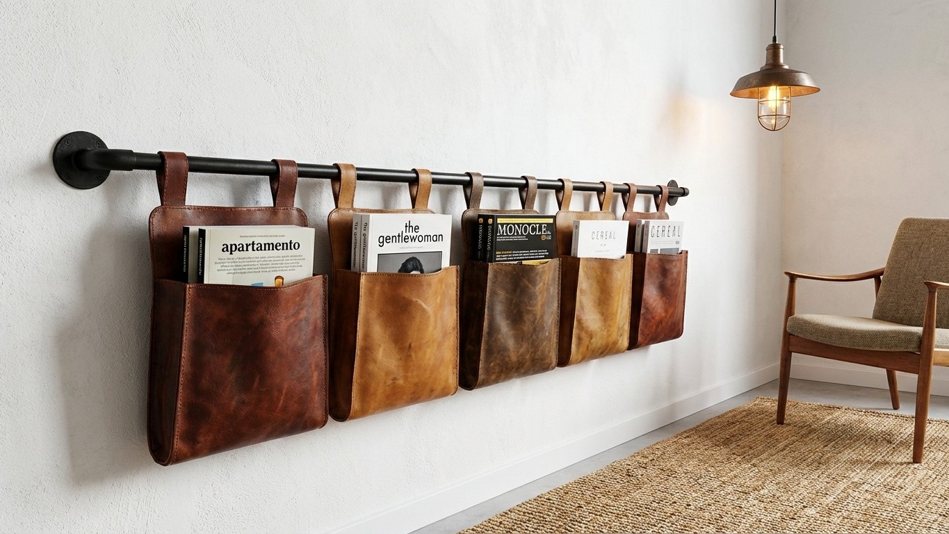 J'ai fabriqué ce rangement mural avec des chutes de cuir et une vieille barre : mes magazines n'ont jamais été aussi bien ...