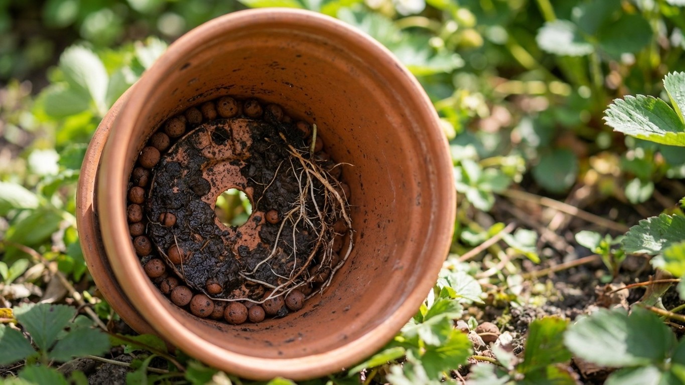 J'ai retourné le pot de mon fraisier et ces 2 cm au fond expliquent pourquoi il ne donne rien depuis des mois