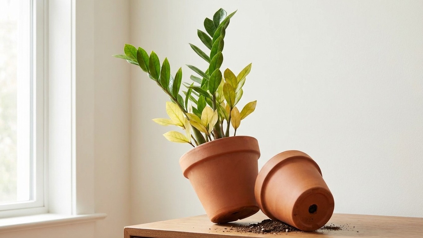 Votre zamioculcas jaunit par le bas et vous êtes sûr de ne pas trop arroser : retournez le pot, la réponse est en dessous