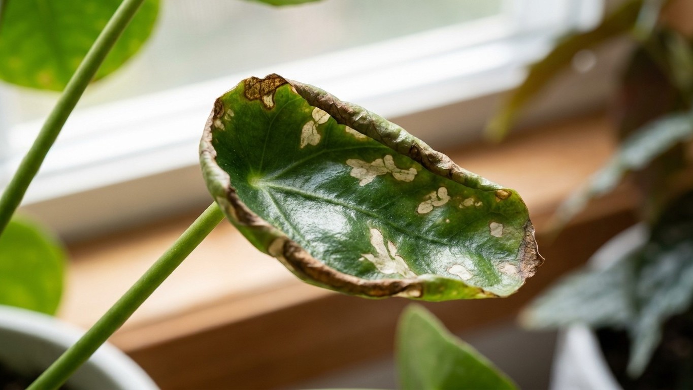 J'ai déplacé mon Pilea côté plein sud en mai : en 4 jours, chaque feuille s'est enroulée en cuillère avec les bords grillés