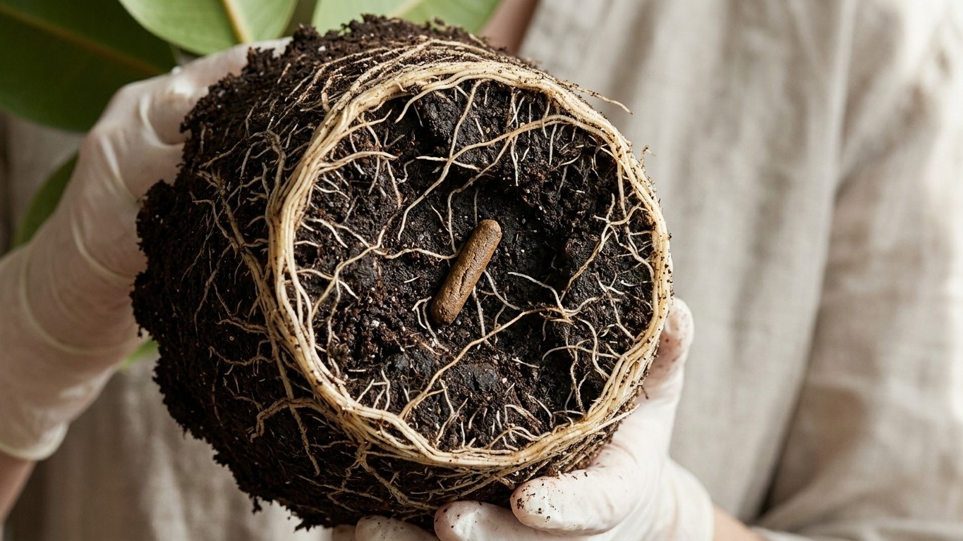 J'enfonçais un bâtonnet d'engrais dans chaque pot au printemps : en dépotant mon Ficus, j'ai vu ce qu'il restait des racin...