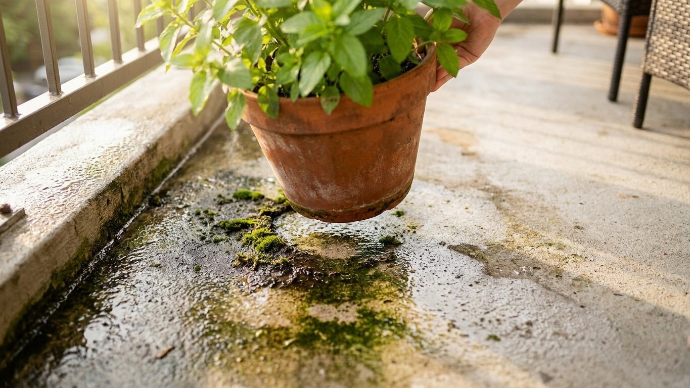 Je posais mes plantes directement sur le sol du balcon depuis toujours : le jour où j'ai soulevé les pots à la fin de l'ét...