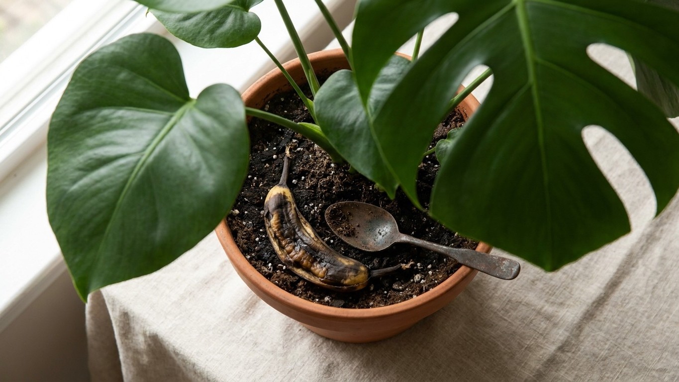 J'ai enfoui une peau de banane dans le pot de mon monstera pour la nourrir : quand j'ai gratté la terre trois semaines plu...
