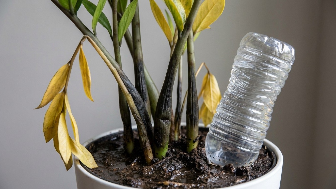 J'ai planté une bouteille en goutte-à-goutte dans mon zamioculcas avant de partir deux semaines : quand j'ai sorti la mott...