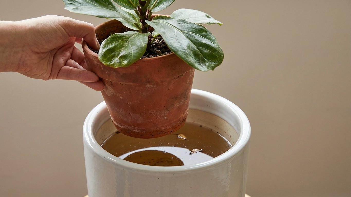 J'arrosais mon ficus lyrata de plus en plus en voyant ses feuilles piquer du nez : en soulevant le pot du cache-pot, j'ai ...