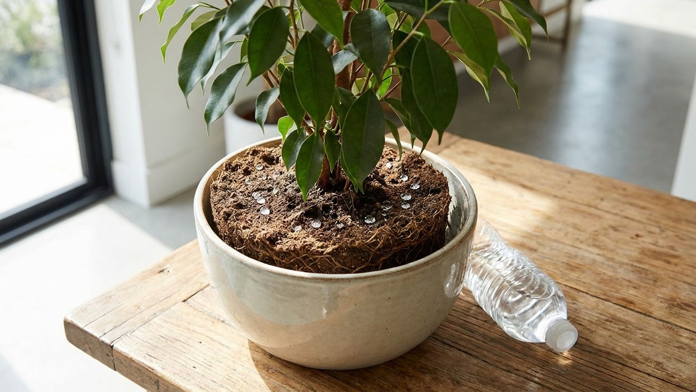 J’ai planté une bouteille retournée dans le pot de mon ficus juste pour l’arroser pendant la canicule : en soulevant la mo...