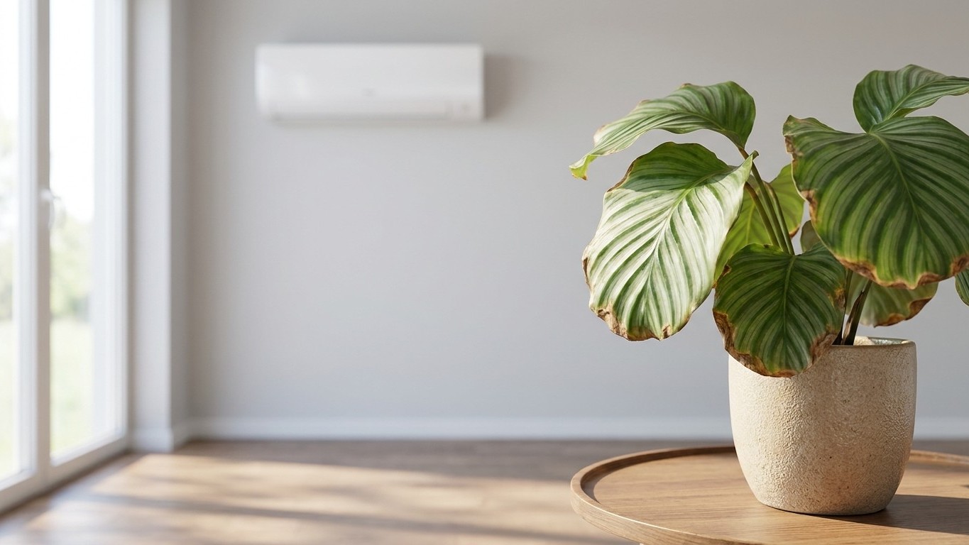J’avais placé mon calathéa juste sous la climatisation pour le rafraîchir : quand j’ai vu les pointes de ses feuilles au b...
