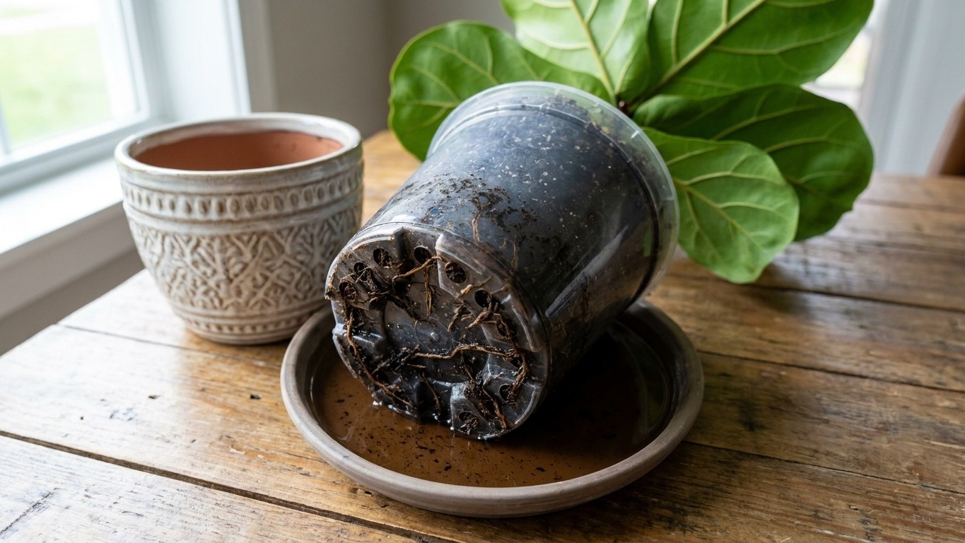Mon ficus lyrata affichait un feuillage parfait depuis des mois : le jour où j'ai sorti le pot de son cache-pot, j'ai comp...