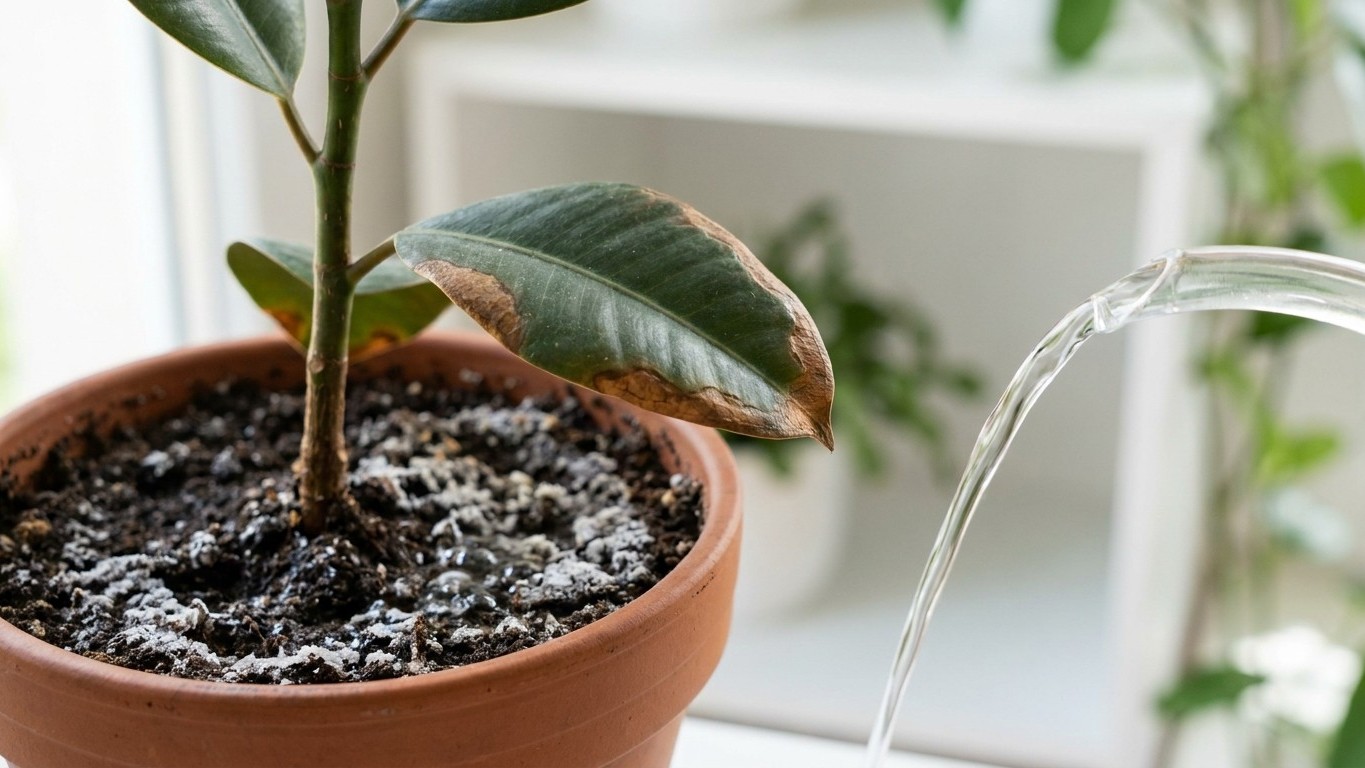 On s'obstine tous à couper les feuilles brunes du ficus, alors que ce rinçage à grande eau du terreau évacue ce qui brûle ...