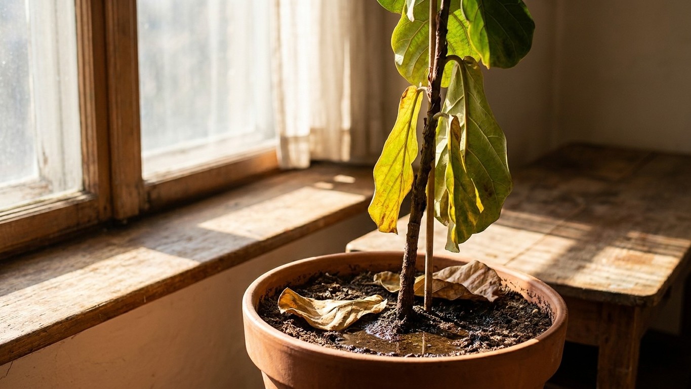 J'ai enfoncé une bouteille d'eau retournée dans le pot de mon Ficus lyrata juste pour tenir l'épisode à 36 °C : quand les ...