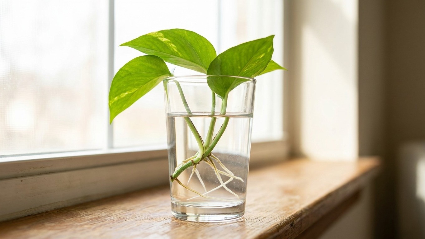 J'ai laissé mes boutures de pothos raciner un mois entier dans leur verre d'eau juste pour être sûr de la reprise : trois ...