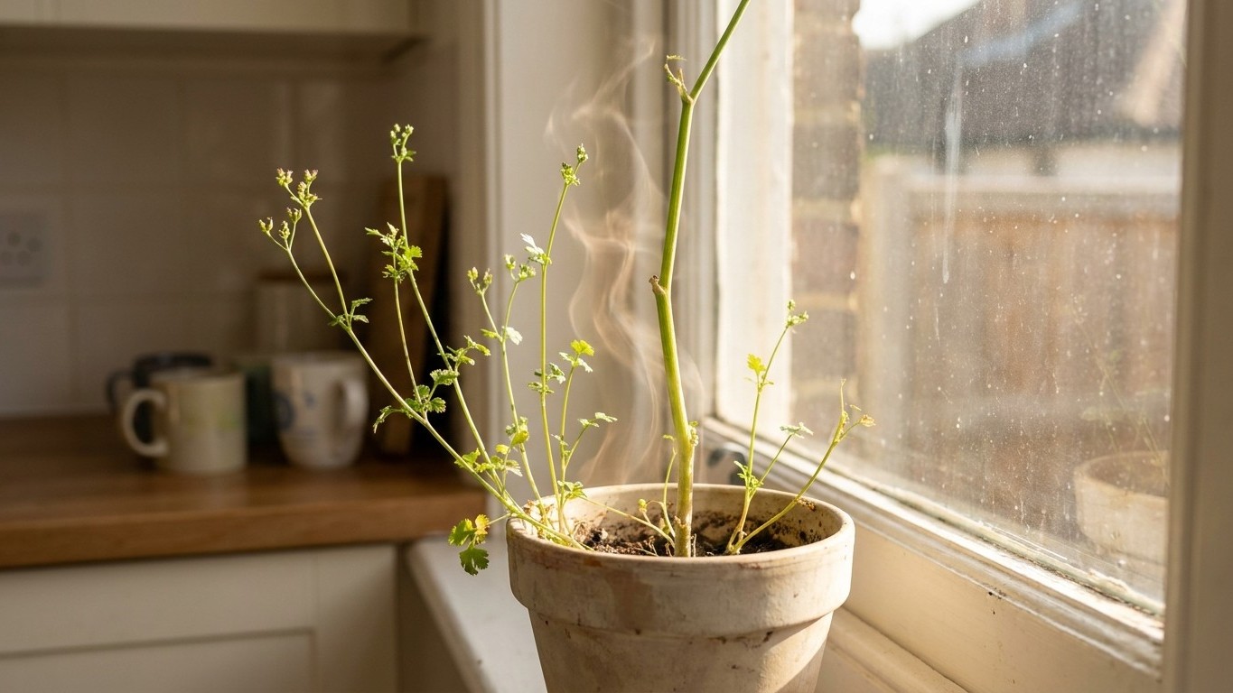 J'ai posé mon pot de coriandre derrière la vitre de la cuisine juste pour qu'il ait un maximum de lumière : trois semaines...