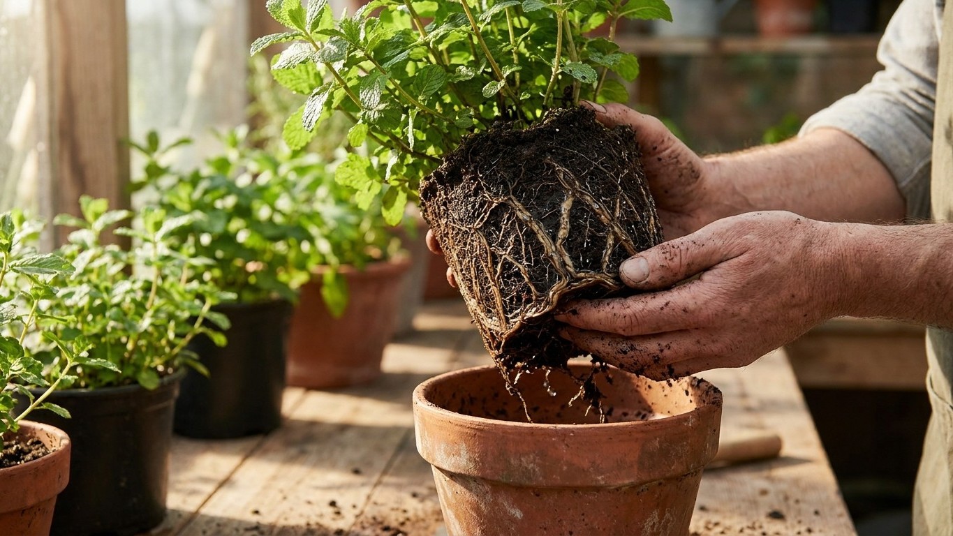 J'arrosais ma menthe en pot un peu tous les jours depuis des mois : le jour où j'ai sorti la motte entière du pot, j'ai co...