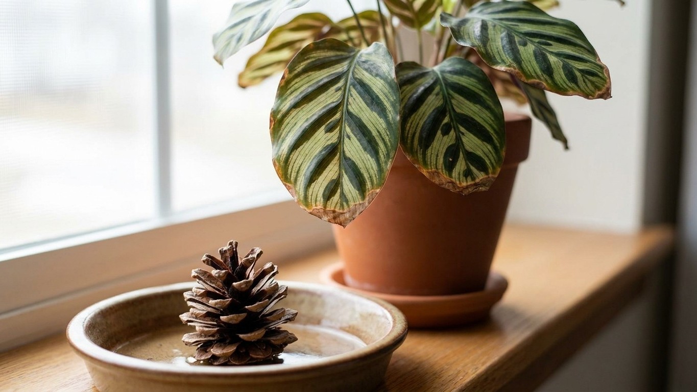 J’ai posé des pommes de pin dans une soucoupe d’eau au pied de mon calathea juste pour l’humidité : trois semaines plus ta...
