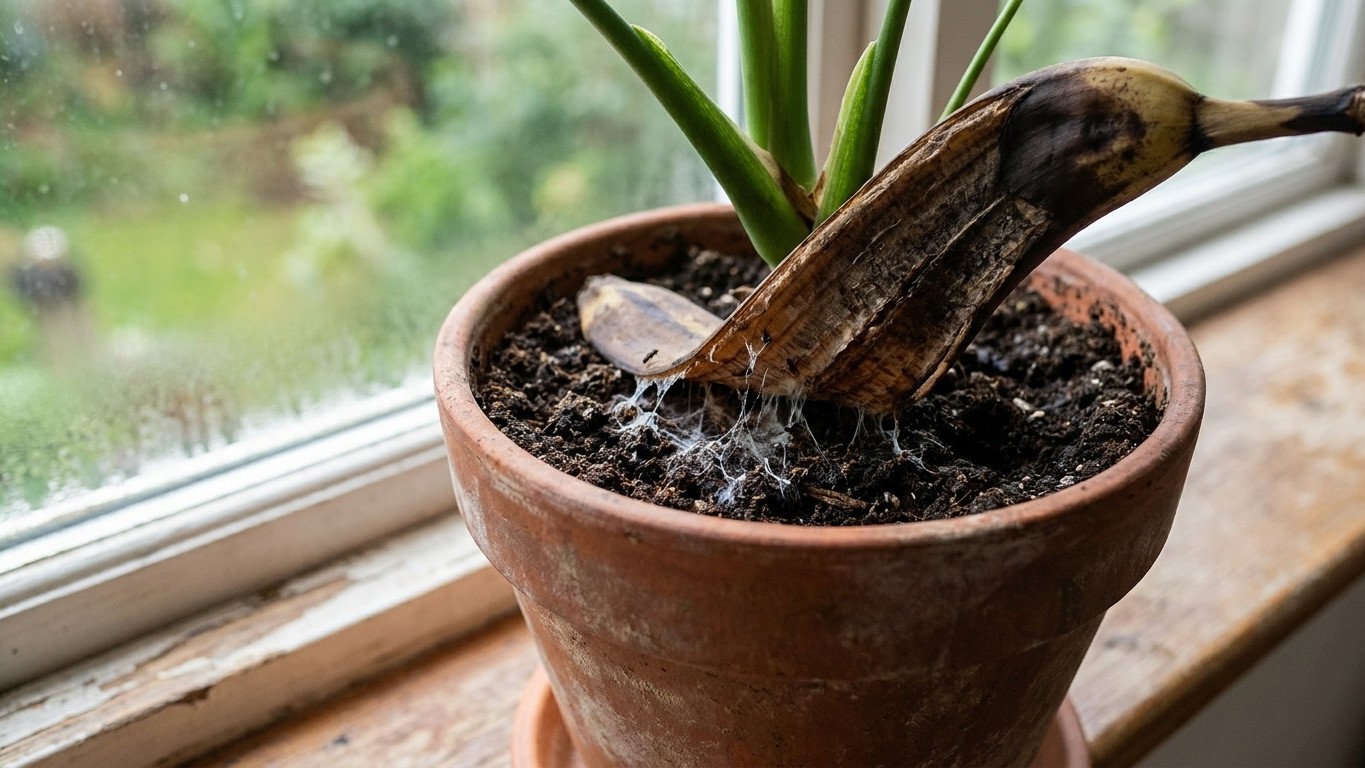 Je posais des peaux de banane sur le terreau de mon monstera pour le nourrir : le jour où j'en ai soulevé une, j'ai vu ce ...