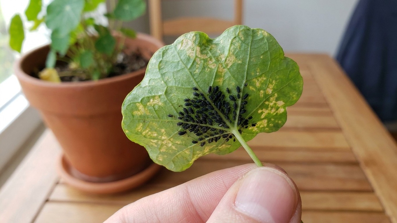 Ma capucine en pot vivait collée à mes autres plantes depuis deux mois : le jour où j’ai retourné une feuille pour vérifie...