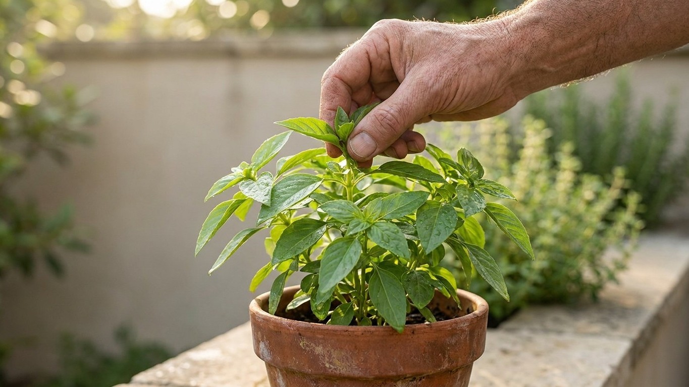 Mon voisin pince toujours le haut de son basilic thaï en pot avant l'arrosage et ce n'est pas pour lui donner une belle forme